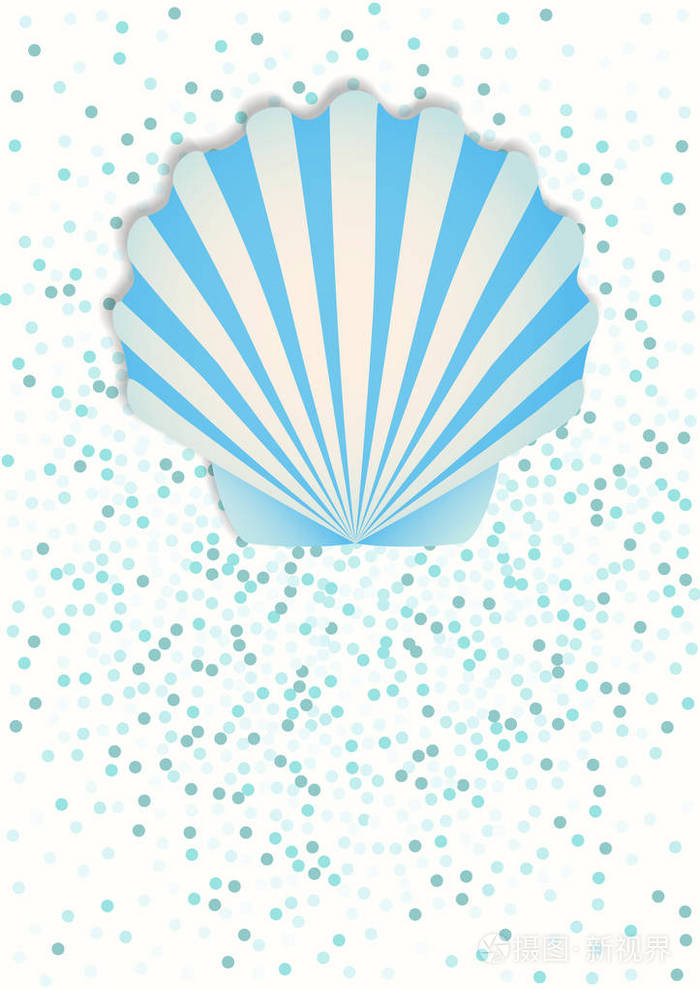 五彩纸屑背景上的蓝色贝壳美丽海报.