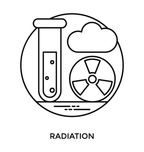 带有放射性符号和云的试管, 它对一种非常可能的放射性有毒物质的取样有意义