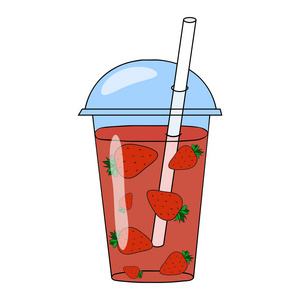 矢量手绘制的插图的草莓冰沙在一杯照片