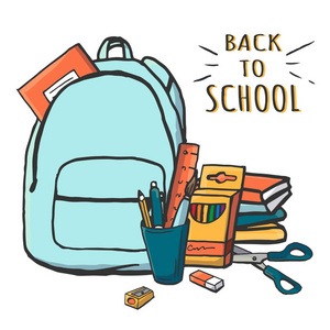 文具收藏 书包用课本, 铅笔, 钢笔, 刷子和尺子在铅笔夹, 橡皮擦, 削