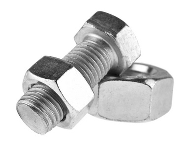 金属螺栓和螺母在白色背景上孤立照片