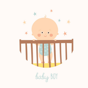 可爱的婴儿1岁站在婴儿床。婴儿沐浴设计元素