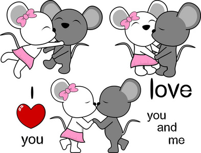 可爱的鼠标情侣卡通接吻设置矢量格式很容易编辑