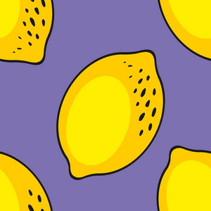 柠檬。无缝图案背景为紫色