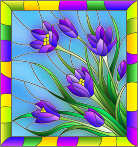 彩色玻璃风格与花束紫番红花在框架中的蓝色背景上的插图