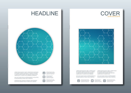 小册子 传单 封面杂志在 A4 大小的业务模板集。结构的 Dna 分子和神经元。几何抽象背景。医疗 科学 技术。可缩放矢
