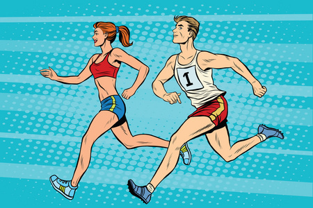 男人女人运动员跑步田径场夏季奥运会照片