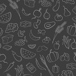 无缝模式为主题的素食主义 杂货图标 简单的轮廓白色图标上一个黑色的背景