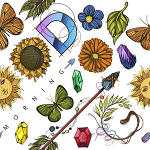 无缝图案与花卉, 蝴蝶, 水晶, 箭和题字早上好