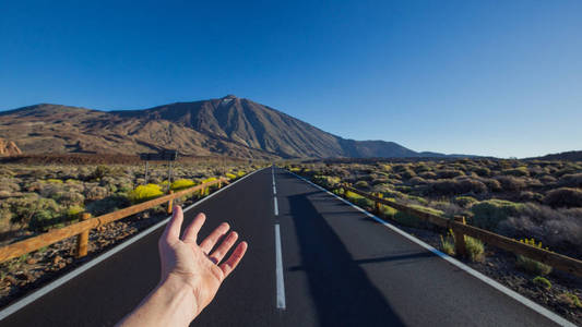直沥青路与手邀请在 Teide 火山的顶峰。Teide 国家公园, 特内里费岛, 加那利群岛, 西班牙