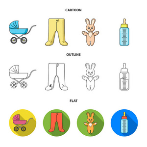 婴儿推车, 带奶嘴的瓶子, 玩具, 滑块。婴儿出生集合图标在卡通, 轮廓, 平面风格矢量符号股票插画网站