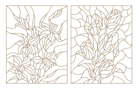 在彩色玻璃风格，郁金香和水仙花，白色背景上的黑色轮廓设置轮廓的插图