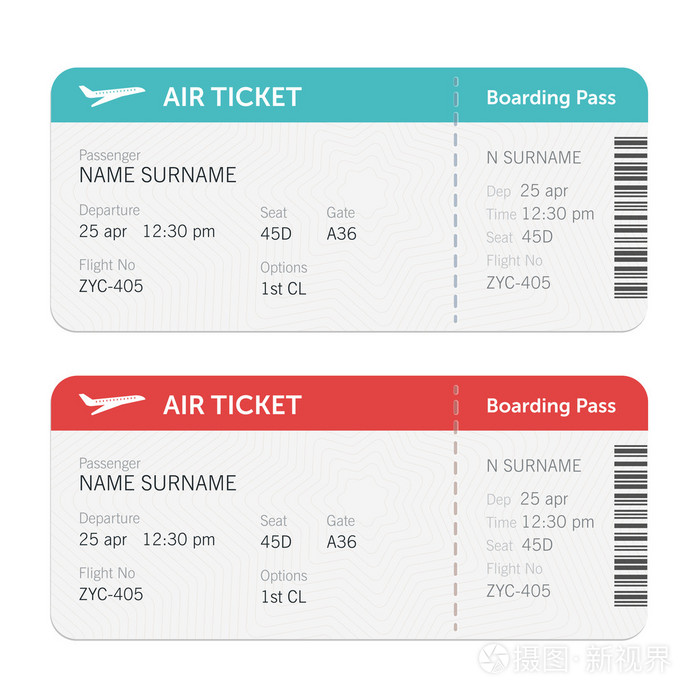 一整套登机通行证机票的航空公司.白色背景上的孤立.矢量平面设计
