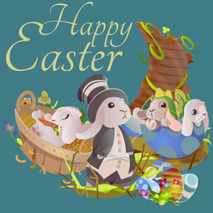 复活节巧克力蛋狩猎兔子篮子在绿色草地上的一组装饰花 兔的滑稽的耳朵 快乐的春天季节节日传统贺卡横幅集合矢量图背景