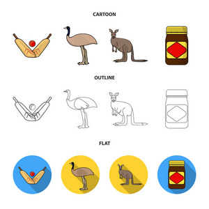 板球鸸鹋鸵鸟袋鼠流行食物的游戏。澳大利亚集合图标在卡通, 轮廓, 平面风格矢量符号股票插图