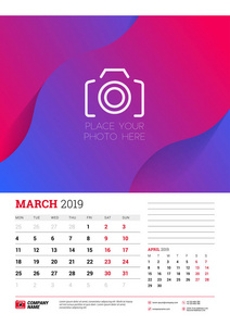 2019年3月的挂历规划模板。星期从星期一开始。矢量插图