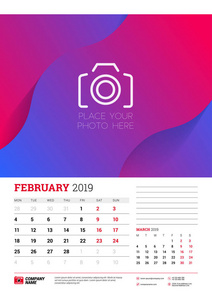 2019年2月的挂历规划模板。星期从星期一开始。矢量插图