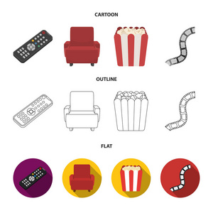 控制面板, 一张扶手椅, 爆米花。电影和电影集合图标在卡通, 轮廓, 平面风格矢量符号股票插图