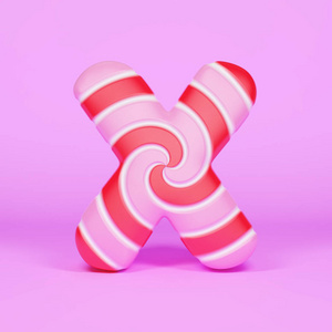 字母 X 大写。用粉红色和红色条纹棒糖制成的圣诞字体。3d 渲染粉红色背景