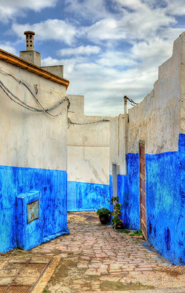 著名的蓝色和白色房子在 kasbah 的 udayas-拉巴特,摩洛哥