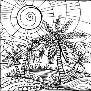 太阳彩页沙漠中的绿洲.棕榈树和一个湖.