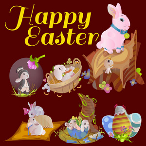 复活节巧克力蛋狩猎兔子篮子在绿色草地上的一组装饰花 兔的滑稽的耳朵 快乐的春天节日传统贺卡或横幅集合矢量图 backgrou