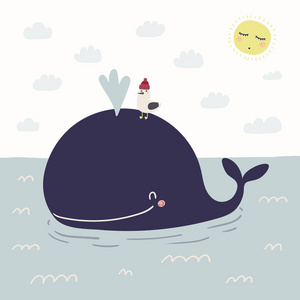 手绘矢量插图一个可爱的滑稽鲸鱼在海里游泳与海鸥, 斯堪的纳维亚风格的平面设计