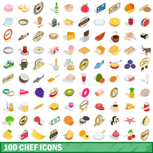 100 厨师图标集，等距 3d 风格