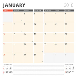 1 月 2018年的日历日程备忘录。设计模板。上周日的周开始。在页面上的 3 个月