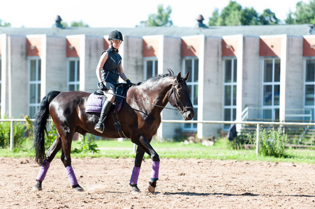 十几岁的女孩马术骑骑马，骑马学校地方。Kleisti，拉脱维亚里加。活力彩色夏季户外水平图像