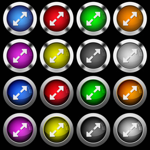 在黑色背景下, 用钢框架在圆形光泽按钮上调整全白色图标的大小。按钮有两种不同的样式和八颜色