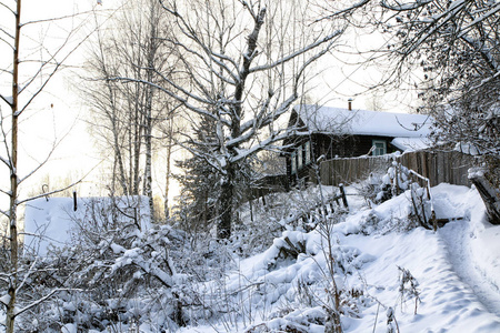 典型的俄罗斯遗弃白雪覆盖的村庄在冬季晚上和下雪周围的树木照片