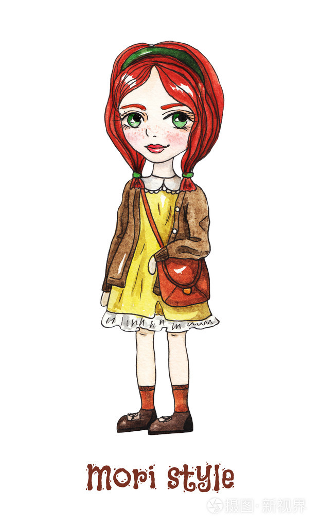 森喜朗风格。漂亮的红发女孩，娃娃白色背景上。水彩插图