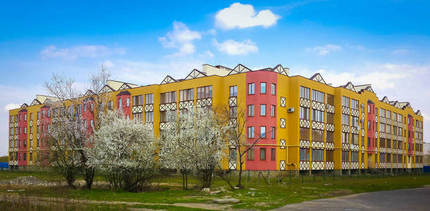 在住宅建筑和蓝天的前面, 春天开花的树