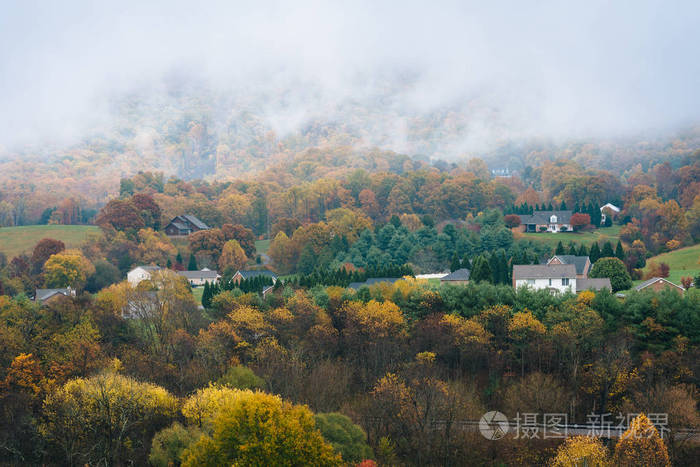 从蓝色山脊大道, 在弗吉尼亚州罗阿诺克附近, 有雾的阿巴拉契亚秋季景观