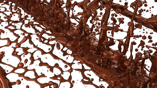 融化的巧克力或可可咖啡溅在白色的水滴。3d 渲染, 3d 插图