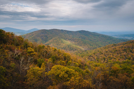 秋天颜色和蓝色山脊山视图从天际驱动在雪碧国家公园, 弗吉尼亚