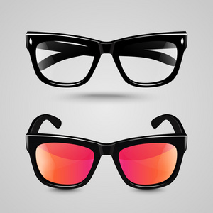眼镜设置。太阳镜和阅读眼镜与黑色框架和透明晶状体在不同遮荫