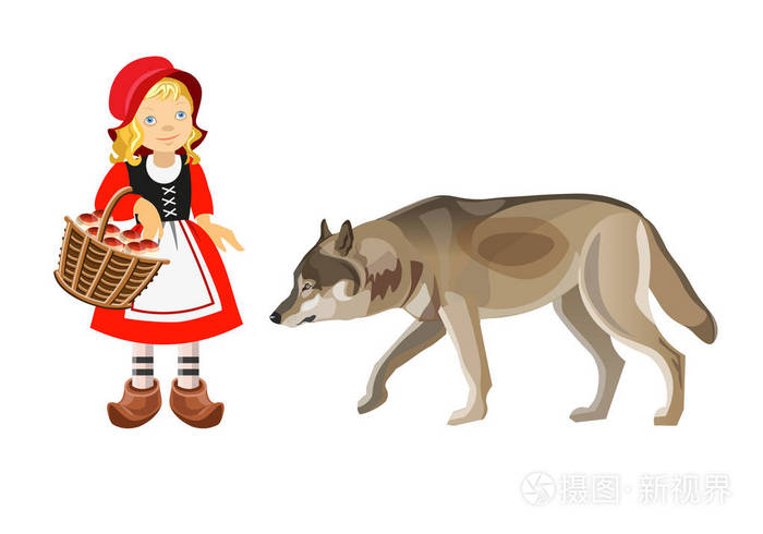 小红帽和灰狼.在白色背景上隔离的矢量插图