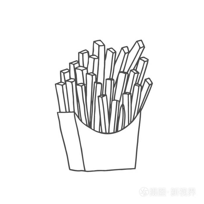 矢量插图.把炸薯条的手画在纸包里.不健康的食物.卡通素描.