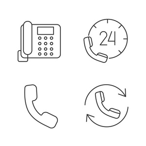 电话通信线性图标设置。座机电话, 热线电话, 手机, 电话。细线轮廓符号。独立矢量轮廓插图