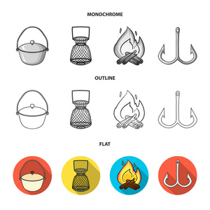抓住, 钩, 网, 脚轮。钓鱼集合图标在平面, 轮廓, 单色样式矢量符号股票插画网站