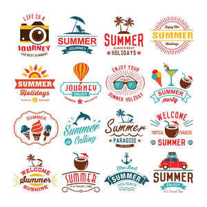 老式的夏天设计和排版设计具有标签 海报 图标元素集