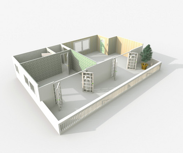 3d 室内渲染的墙体材料回家屋顶公寓  房间 卫生间 卧室 厨房 客厅里 大厅 入口 门 窗口 阳台