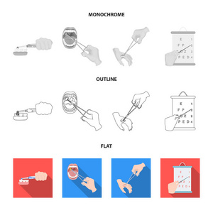 牙科护理, 伤口治疗和其他网页图标在扁平, 轮廓, 单色风格. 口腔治疗, 视力测试图标集合收藏