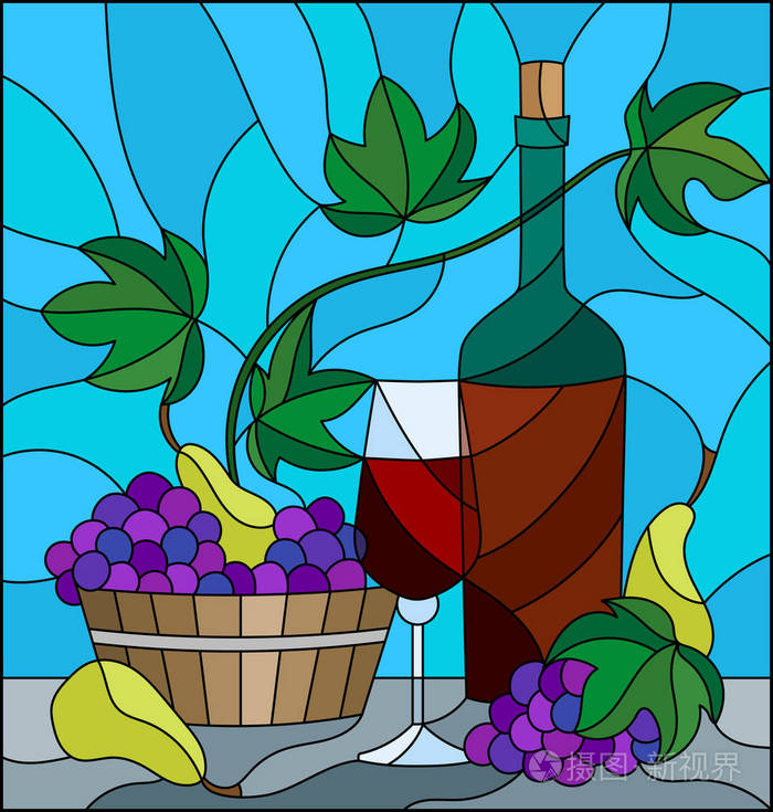 在彩色玻璃绘画风格与静物, 一瓶酒,玻璃和葡萄在蓝色的背景图