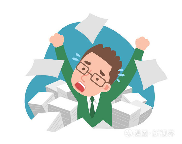 男人承受压力的工作和大量的文件