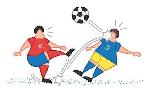 矢量插画卡通足球运动员男子踢球和殴打其他球员的脸