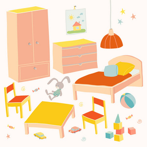 一套儿童房家具.孩子们的小家具.床, 桌子上有儿童椅, 衣柜和胸部.