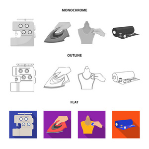 电动缝纫机熨斗熨用粉笔打标卷布等设备。缝纫和设备集合图标在平面, 轮廓, 单色矢量符号